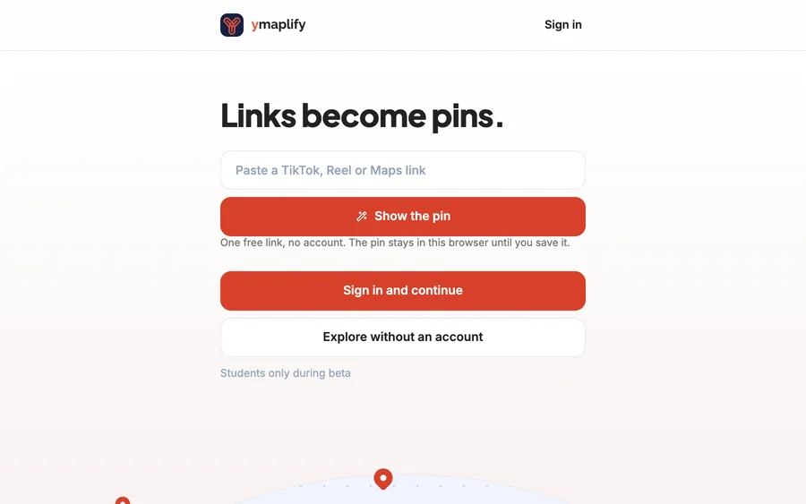 The landing page of ymaplify with the headline: Links become pins.