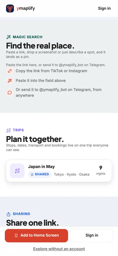 ymaplify on a phone: Find the real place, and Plan it together.