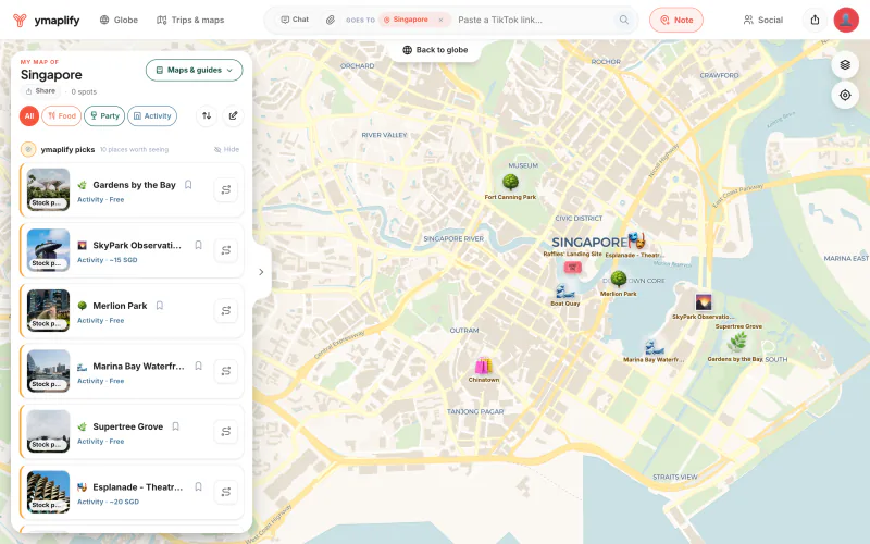 ymaplify on a laptop: City map "My map of Singapore": ten pins around Marina Bay, list of ymaplify picks with thumbnails Test account (0 own spots) plus the curated "ymaplify picks" catalogue; thumbnails are Pexels stock photos, labelled "Stock photo" by the app