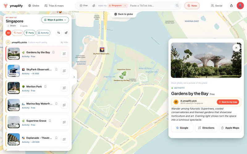 ymaplify on a laptop: Place detail of "Gardens by the Bay" next to the map and the list Same as laptop-1; hero image is a Pexels stock photo, labelled by the app